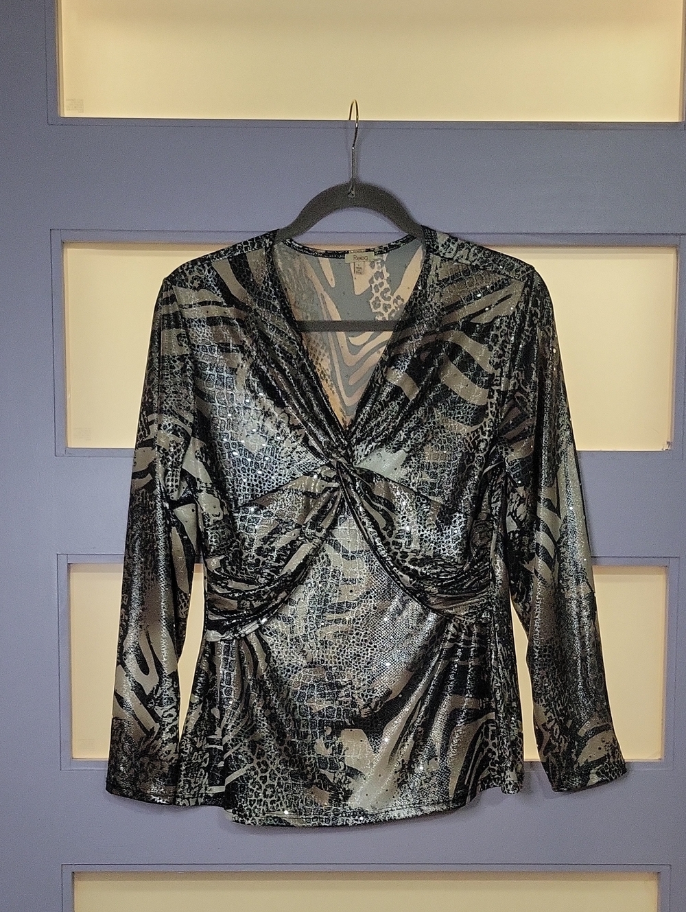 Reba Black and Silver Metallic Animal-Print Long Sleeve Top